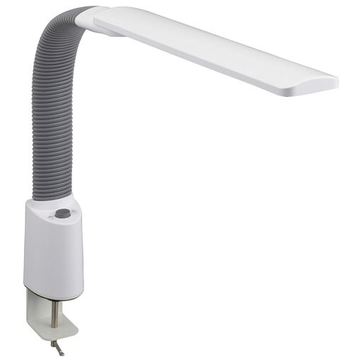 明るい光で文字がハッキリ見える(Clear, bright light for reading) 約6200ケルビン(色温度)の白さ際立つ光で、文字がハッキリ見える 約2500ルクスの明るさ 広範囲を明るく照らす 蛍光灯スタンド照度JIS A形相当(JIS C8112:2014より) デスクにはさんで使うクランプタイプ