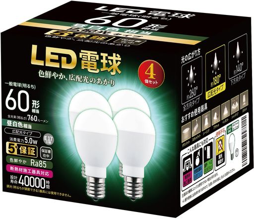 光色:昼白色相当 口金:E17 定格消費電力:5.0W、本体重量(kg):0.048 ネック部分はスリムなミニクリプトン電球同等形状を実現(外径:35mm/長さ:69mm) ミニクリプトン電球同等サイズのLED電球広配光(配光角約180度)タイプ 全光束 (ランプ単体の明るさ):小形電球60W形相当 760ルーメン 3光色ラインアップ&amp;色鮮やかRa85 断熱材施工器具対応、密閉型器具対応 調光器対応非対応 定格寿命:40,000時間 5年保証