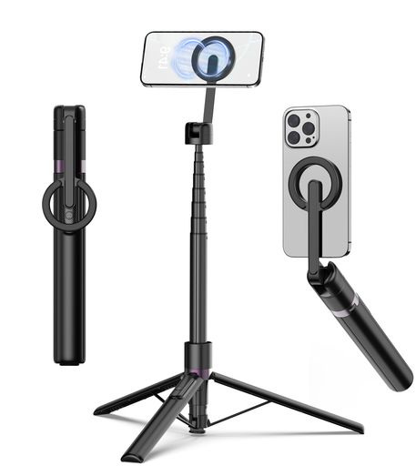 Magnetic スマホ三脚:自撮り棒 三脚は磁気吸着設計を採用しており、クリップを使わずに磁気対応(iPhone 12/13/14/15/16/17シリーズ)のスマホを簡単に固定できます。強力な磁力により、スマホがしっかりと吸着し、落下の心配も少なくなります。磁気非対応のスマホ/スマホケースには、付属のメタルリングをスマホの背面に貼り付けるだけです。磁気式スマホ固定リングの最大耐荷重は500gで、より重いデバイスにも対応可能。 取り外し可能なリモコン&amp;操作簡単:最大通信距離10m(スマホにのみ接続可能)、「CX609」を検索してスマホにすばやく接続でき、両手を解放しながら遠距離から写真/動画を撮影することができます。また、強力なマグネットを搭載したMagnetic 自撮り棒は、両手で操作する必要もなく、片手で軽く触れるだけでわずか0.1秒でスマホが自動的に吸着します。 8段階伸縮&amp;角度調整可能:磁気 三脚は8段階伸縮可能で、高さ27.5cmから173cmまで簡単に調節できます。ワンタッチ設計で、3脚の底部ボタンを押すだけで伸縮ロッドがスムーズに引き出せます。