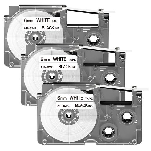 【ネームランドテープ互換品 詳細仕様】カシオネームランド6mm 互換テープカートリッジは、XR-9WEに対応しています。色は白テープに黒文字で、視認性に優れ;幅は6mm、長さは1本あたり8m、タイプはスタンダードテープで、3本セット仕様でお求めいただけます。