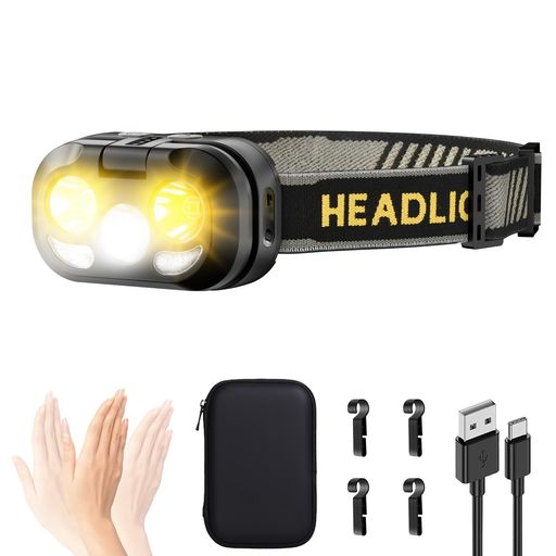 ヘッドライト USB充電式 高輝度 LED マルチファンクション(読書灯、警告灯、スポットライト、オムニランプ、フォグランプ) 釣り ヘッドランプ 明るさ 青&赤SOS切替ライト センサー搭載 LED…