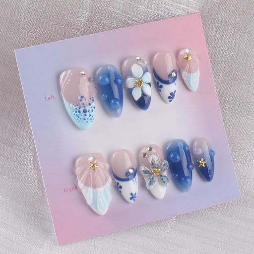 MZCMSL 手作り ネイルチップ ミディアム ロング アーモンド つけ爪 花 シェル キラキラ 人気 3D おしゃれ 可愛い デザイン 付け爪 10枚入 XS