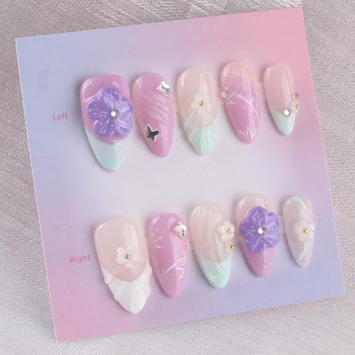 MZCMSL 手作り ネイルチップ ミディアム ロング アーモンド 紫白 ホワイト あおい つけ爪 フレンチ 花 星 リボン デザイン おしゃれ 付け爪 10枚入 XS