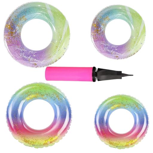 4PCS 浮き輪セット 70 番 90 番 2 サイズ付き 大型空気入れ付属 グラデーションラメ 厚手 PVC 高浮力 空気漏れ防止 家族旅行 海水浴 プール サマーレジャー