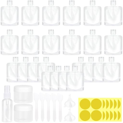 お手頃価格セット:24 x スクイーズパウチ(クリア、30ml)、1 x スプレーボトル(クリア、20ml)、2 x クリームポット(ホワイト、20ml)、2 x ファネル(クリア)、5 x メイクスプーン(クリア)、24 x 単体ラベル(ゴールド、直径:5cm/2インチ) 持ち運びに便利:これらのトラベルポーチは軽量で持ち運びやすく、荷物に簡単に収まり、スペースを節約できます。もう重くてかさばるボトルを持ち運ぶ必要はありません 液漏れ防止:このトラベルポーチはフリップトップデザインを採用しており、外出中の液体漏れを防ぎます。また、握って調整できるキャップで正確な量を出すことができ、無駄を省きます 詰め替え可能:これらのトラベルポーチは広口設計です。底部はテーブルに立てて置けるため、簡単に詰め替えや洗浄ができます 高品質素材:当社のトラベルトイレタリーポーチは、高品質のPETプラスチック製で、BPAフリー、安全、頑丈、耐久性に優れています。