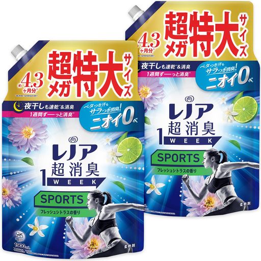 消臭 レノア超消臭1weekは、汗をかいた時のニオイはもちろん、ベタつきまで防げるようになりました(*1)。汗をかいてもさらっと吸収して速乾(*1)。しかも、何度汗をかいてもニオイ0へ(*2) *1 自社他柔軟剤と比較。 *2 柔軟剤未使用と比較。すべてのニオイを0にするわけではありません。 レノア超消臭1WEEKは、80%以上の消費者が実感した、1週間ずーっと続く消臭力(*1)。 かけっぱなしの洗面所のタオルや、ニオイが気になるけれど毎日は洗えない、シーツや枕カバーまで、1週間ずーっと爽やか(*1)。 *1 保管状態で レノアの消臭系柔軟剤は、みなさんのお洗濯のニオイ問題やお悩みを解決すべく、無臭化テクノロジーや1週間(*1)ずーっと続く消臭技術など、消臭効果に関する研究を重ねて来ました。 *1 保管状態で レノア超消臭なら、夜干しでも速乾(*1)&amp;消臭。消臭成分が浸透、夜の間にじっくり消臭するから、夜干しなのに、天日干し以上のさわやかさに。 *1 綿のタオルで検証。 選べる6種類の香り。 お求めの消臭力、香りに合わせて、家族で使える6種類の香りをご用意しています。