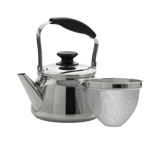 製品サイズ:(約)幅20.5x奥行16x高さ21.5cm、満水容量/1.6L、適正容量/(約)1.1L 製品重量:(約)0.521kg 材料の種類:本体/ステンレス鋼(クロム14%、ニッケル1%)、(底の厚さ0.5mm)、注ぎ口:ステンレス鋼(クロム14%、ニッケル1%)、蓋:ステンレス鋼(クロム14%、ニッケル1%)、取っ手・つまみ・座板:フェノール樹脂(耐熱温度150度)、茶こし:ステンレス鋼 生産国:中国 オール熱源対応