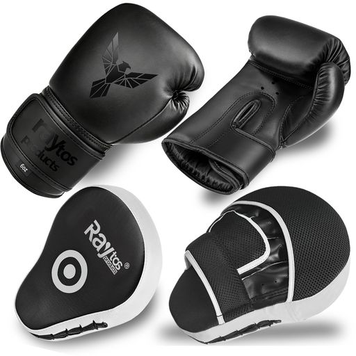 Raytos 子供用ボクシンググローブ ミットセット キックボクシング MMA練習用 ブラック&ブラック 6oz