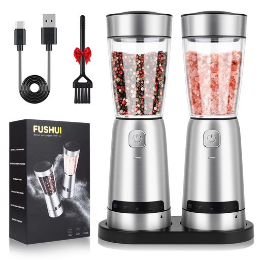 FUSHUI ペッパーミル 電動ミル ソルト&ペッパー ステンレススパイスミル 岩塩 胡椒 スパイス 電動スパイスグラインダー コショウ挽き器 スパイス挽き器 150ml容器 粗さ調節可能 セラミック…