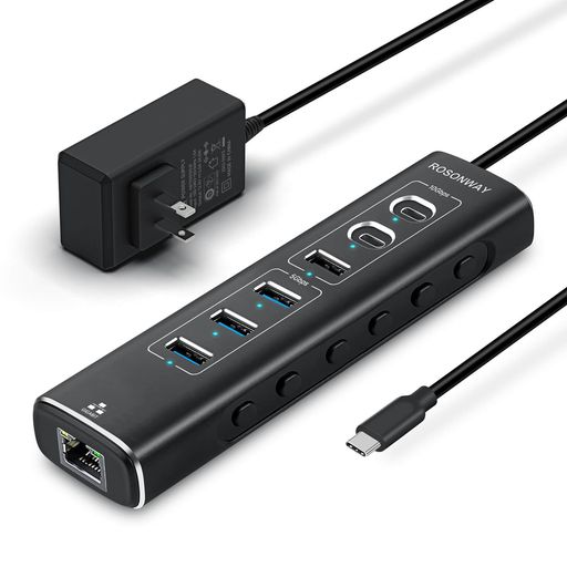 ROSONWAY USB ハブ10Gbps 7 in 1 LAN変換アダプター USB C 3.2x2 USB A 3.2x1 USB 3.0x3 アルミ製 USB HUB セルフパワーとバスパワー両用 12V 2A 電源