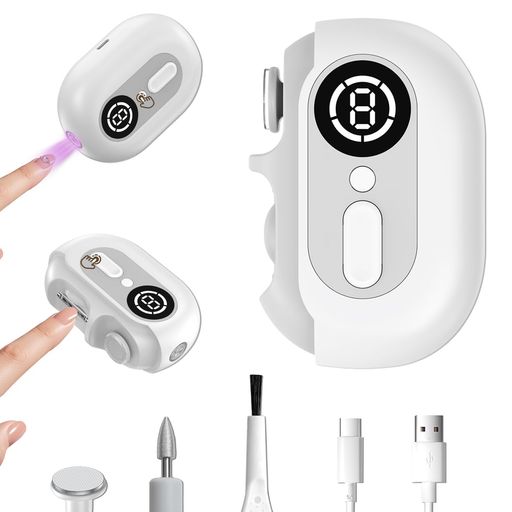 【4 in 1デザイン】最新の多機能ネイルトリマー、ネイルランプ、ネイルファイル、はネイルポリッシャーの4in 1デザインテクノロジーを採用し、最高の体験を提供します。爪を整えた後は、爪を滑らかで光沢のある状態に磨き上げることができます。刃は湾曲した溝の後ろに隠れており、凹んだカッターが爪を完璧に分離するため、より快適で安全です。ネイルランプは研磨剤の乾燥を早め、デュアル バッファーはエッジを滑らかにします。ツールの切り替えは必要ありません。 【低騒音設計&amp;LED補助照明】爪削りが使用時の騒音は約40デシベルと非常に静かでありながら、安定したパワーを発揮する高速駆動モーターを搭載した低騒音設計の電動爪切りです。寝ている子どもの邪魔になる心配もありません。この電動爪切りの背面にはチップボックスがあり、切りくずは自動的にチップボックスにリサイクルされるので、刃こぼれの心配がありません。