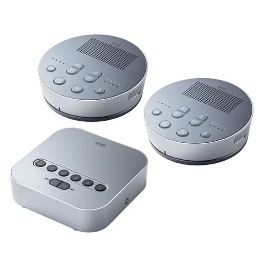 本製品の受信機を使うことで、MM-BTMSP3MC/MM-BTMSPを最大6台まで接続することができて、6台から音声の入力、出力が可能です。(MM-BTMSP3MCとMM-BTMSP3CLの組み合わせは自由です)少人数~大人数まで幅広い環境での使用に適しています。 ※パソコンと受信機をBluetoothで接続する場合は最大5台までの連結になります。6台での連結も可能ですが、動作が不安定になる場合があります。 各ボタンにLEDが搭載されているので、電源ON、マイクミュート、スピーカーミュート、接続モード、など機器がどのような状態にあるのかを簡単に確認することができます。 複数台連結した際に、個別でのミュートと一括でのミュート操作が可能です。まとめてミュートにしたい場合、特定の機器だけミュートにしたい場合など使い分けが出来て便利です。 個別設定右向き矢印各機器のマイクミュート、スピーカーミュートボタンを押す。 一括設定右向き矢印どの機器でもいいので、マイクミュート、スピーカーミュートのボタンを長押しする。 会議の時に自分・相手の声の大きさを適正に調節することができ、ストレスのない会議が可能になります。