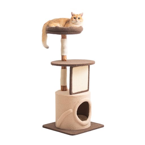 LULUCAT キャットタワー 木製 据え置き おしゃれ 多頭飼い 登りやすい 小型 低い 見晴台 スリム 猫タワー 省スペース 重厚感 子猫 爪研ぎ 麻紐 暖かい 隠れ家 コットン紐 キャットツリー コ…