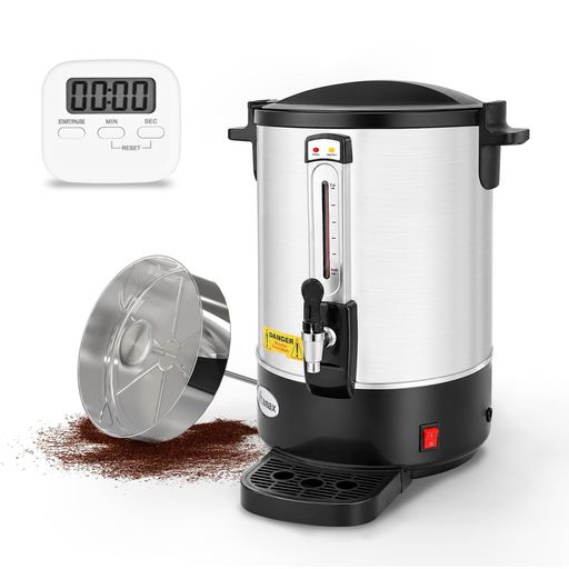 8.7L容量でまとめて提供:コーヒー、紅茶、お茶、白湯などを一度に用意しやすい中容量タイプです。オフィスやビュッフェなど、多人数へ温かい飲み物を提供する場面で、補充回数を抑えながらスムーズに使用できます 1200W電気加熱・底面ヒーター:タンク底部から飲料を加熱し、まとまった量のお湯やコーヒーを準備できます。電気式のため直火を使わず、店舗やオフィスでの日常の給湯、ホットドリンク提供を行いやすい設計です 自動保温・再加熱機能:湯温が約97°Cに達すると保温へ切り替わり、約80°C以下になると再加熱します。温かい状態を保ちやすく、長時間の提供時も温度管理の手間を抑えます。実際の温度は使用環境により変動します SUS304タンク・組み立て式フィルター:内側タンクにSUS304を採用し、付属フィルターでコーヒー粉や茶葉の抽出に使用できます。フィルターは分解して洗浄でき、日常の給湯やホットドリンク作りを支えます ステンレス蛇口・水位計付き:広口の蛇口から飲料を注ぎやすく、ガラス管式水位計で残量を確認できます。本体サイズは約30.5x30.5x42.5cm、重量は約3.45kg。