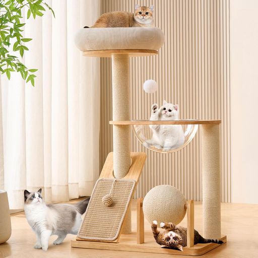 HITTITE 無垢材キャットツリータワー スクラッチポスト付き 高さ37.8インチのキャットタワー スクラッチボードとスクラッチャーボール付き モダンなキャットタワー スペースカプセルと取…