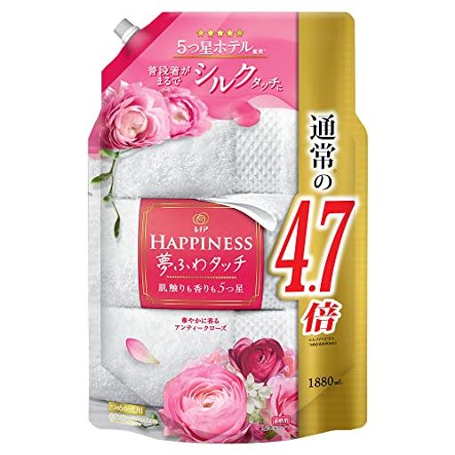 ソフトニング、消臭 5つ星ホテル推奨!レノアハピネス夢ふわタッチで香りも肌ざわりも5つ星。大改良したレノアハピネス夢ふわタッチでおうちにいながら5つ星ホテルのような夢ふわ体験を。 特徴は「極上*の香り」と「5つ星ホテルタオルのような肌ざわり」(*レノアハピネス史上) 最高量*1の柔軟成分を配合しているから、5つ星ホテルタオルのような肌ざわりを83%が実感*2しています。(*1 過去10年レノアハピネスにおいて、*2 「華やかに香るアンティークローズの香り」使用。P&amp;G消費者調査[n=108]による) 1週間長続きする*極上の香り。レノアハピネス夢ふわタッチなら5つ星ホテルも認める極上の香りが1週間楽しめます。(*保管状態にて) 華やかに香るアンティークローズ。ローズとピオニーが主役の女性らしく甘い香りで、しあわせな気分にみたされます。