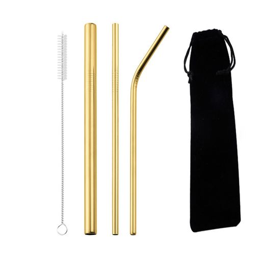 MiniMood ステンレスストロー 3本セット 太め1本+標準2本 21.5cm クリーニングブラシ&ポーチ付き 家庭/オフィス/カフェ用 耐久性高 携帯便利 (ゴールドステンレス鋼+3本セット)