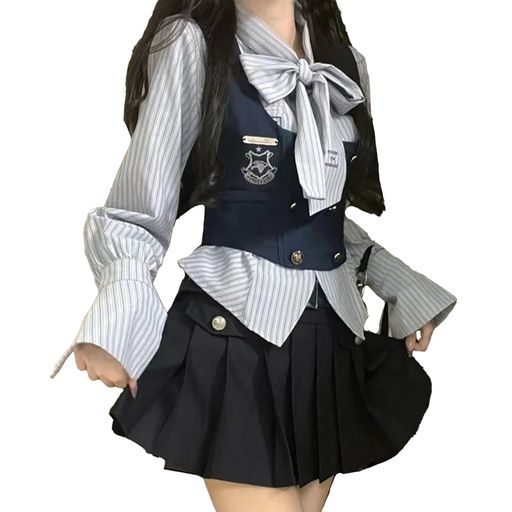 [XHSUKADO] ワンピース レディース 韓国 制服 JK 刺繍 学院風 普段着 OL 通勤 ストライプ フ リボン 重ね着 ァション ロリータ ゴスロリ お洒落 夢かわいい きれいめ 甘い フェミニン 森ガール …
