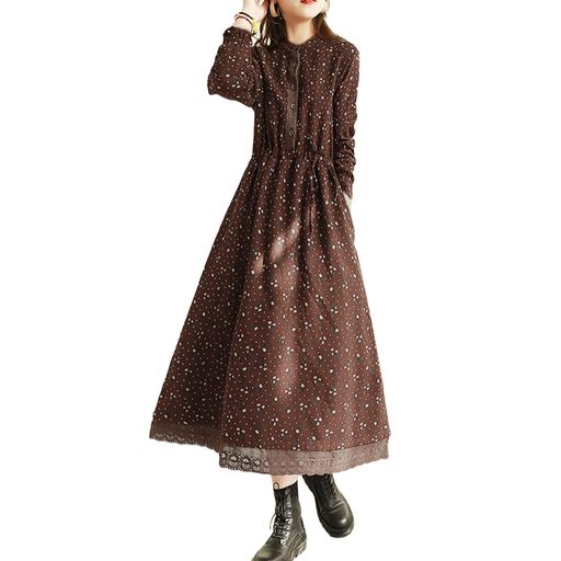 [7-livehouse] 花柄ワンピース レディース ロングワンピース 春服 秋 長袖 きれいめ 大きいサイズ 丸首 ゆったり 通勤 秋冬
