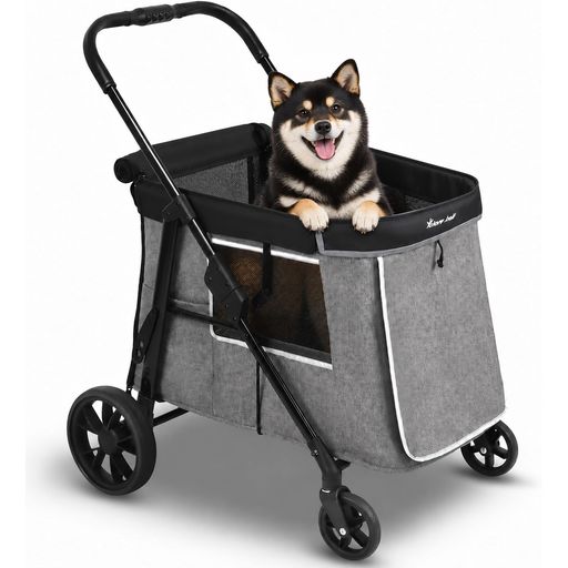 【広いスペース&amp;混雑した場所でも安心】犬カート内寸75x42x48cmの広々とした深型カートは、しっかり包み込む:特に神経質な犬や多頭のペットに安心感を与えます。隠れたプライバシーを守るためのカーテンが装備されており、ペットが外部の視線を気にせずによかった。人混みや賑やかな場所でも、ペットが落ち着いて過ごせます。周囲の騒音や人々の動きに驚きやすいペットも、ゆったりとした空間で不安を感じることなく、快適に移動できます。 【乗り降りラクラク】地面から体が浮くことが大嫌いで、高さのあるペットカートに乗せることはできず、前後開口部が大きく開く低床バスケットで、わんちゃんが自分乗り降り可能。足腰の弱くなったわんちゃんにも最適!低重心で安定感バツグン!底板が二重に固定されているので、移動中自由に体勢を変えるの揺れを防ぎます。いつもの目線でおでかけ、立っているときと目線が変わらないから座ったままお散歩気分! 【大型後輪23cm・安定感のある走行性能】前輪13cm+後輪23cmの大型タイヤを採用。360°回転前輪で小回りが利きながらも安定した走行を実現します。