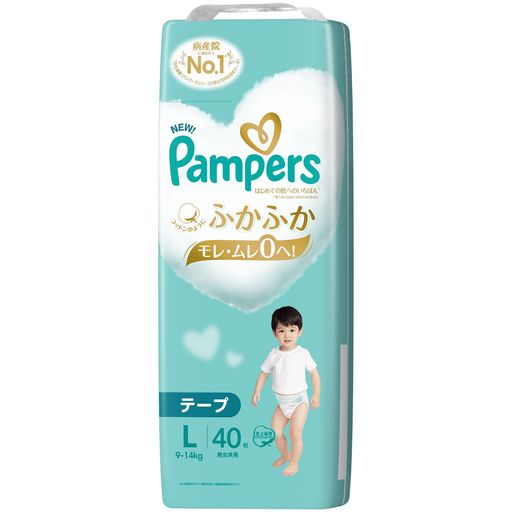 【NEW! パンパース 肌へのいちばん* テープ】コットンのようにふかふか 極上の肌心地。モレ・ムレ0へ! * '肌へのいちばん'以外の当社製品比 【NEW!クッション素材 かつてない**ふかふか心地】 パンパース史上最高**のやわらかさ 進化したWレイヤー構造により、極上のやわらかさを実現。 **当社国内向けテープ製品内比較。本製品販売開始時点において 【安心の10倍吸収】おむつ重量の10倍の尿を吸収。シルキーソフトシートと吸収体が分散して、即・吸収するから、お肌さらさら。 【Wモレガード モレ0へ!】3D穴あきメッシュシートと、2倍のびのび***フィットテープで、モレ0へ! *** 伸ばす前との比較 10年以上も病産院に選ばれてNO.1のパンパース^。 肌摩擦を軽減^^。香料・パラベン・ラテックス無配合。最高級の素材^^で作られています。 ^当社調査(パンパースシリーズの新生児用使用率データ) ^^'肌へのいちばん'以外の当社製品比 乳幼児用テープ紙おむつ Lサ