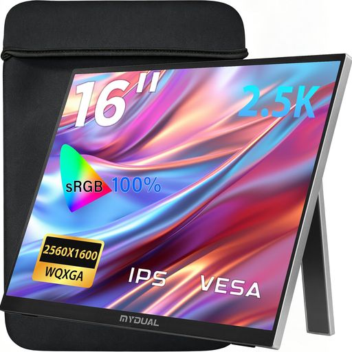 Mydual モバイルモニター 16インチ 2.5K 2560x1600 非光沢IPS液晶パネル 100%sRGB広色域 軽量 薄型 スタンド付き 自立型 持ち運び VESA対応 60HZ ゲーミング