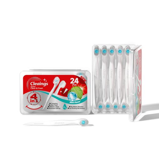 CLEAINGS 4-IN-1 使い捨て歯ブラシ 24本 お出かけ用 水不要 ポータブル歯ブラシ 歯磨き粉付き オールインワン 舌クリーナー 歯間ケア ミント味