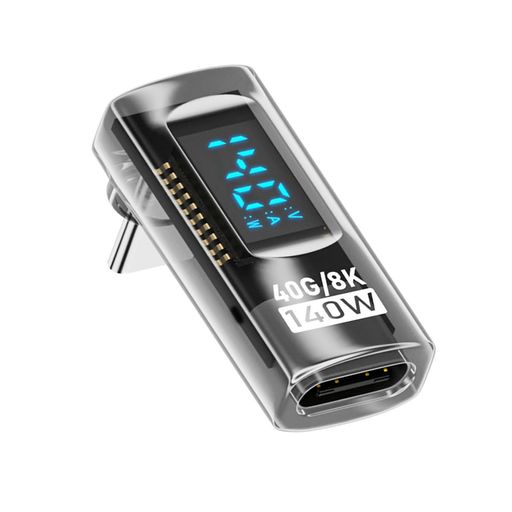 JSER Type-C USB-C オス-メス延長アダプター スマートLEDディスプレイ 電流電圧表示 透明 USB4.0 40Gbps 140W 上下90度角度調整可能 電流電圧モニタリング