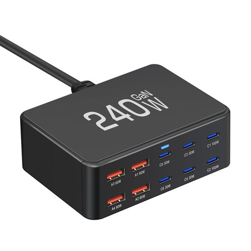【10-in-1 多ポート設計】本製品は、6つのUSB-Cポートと4つのUSB-Aポートを搭載した、多台同時充電可能なマルチ充電器です。スマホ、タブレット、ノート PC、ゲーム機など、異なる規格の機器を 1 台でまとめて充電できます。デスク周りの充電器を集約し、ケーブルの乱雑さを解消して作業スペースをスッキリさせます。 【総出力240W&amp;PD3.0/100W高出力対応】総出力240Wのハイパワーに対応し、高出力デバイスも余裕を持って充電可能です。USB-CポートはPD3.0規格に準拠し、単ポートで最大100Wの急速充電を実現。MacBookやWindowsノート PC を短時間で充電できます。 【次世代 GaN 窒化ガリウム技術搭載】GaN(窒化ガリウム)技術を採用し、充電効率の向上と発熱の抑制を両立させました。従来のシリコン充電器よりも小型・軽量化され、高いエネルギー効率で省エネにも貢献します。長時間の連続使用でも温度上昇を抑え、安全かつ安定した充電をサポートします。 【2台のノートPC同時充電に対応】高出力USB-Cポートを複数備えているため、2 台のノートPCを同時に充電可能です。
