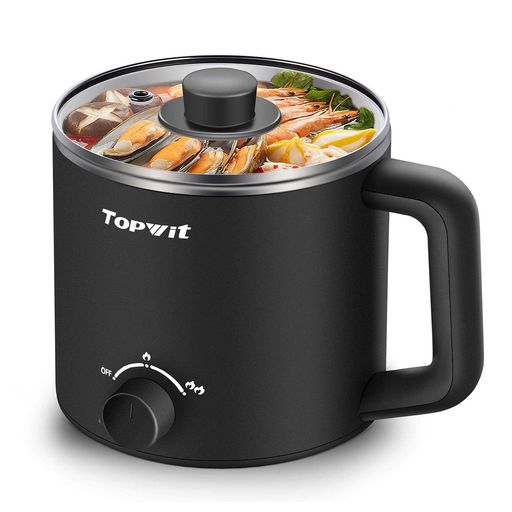 Topwit 電気鍋 一人暮らしに最適 1.6L 片手 多機能 グリル鍋 ラーメン・しゃぶしゃぶ・ご飯・味噌汁・卵調理可能 過熱保護&沸騰保護 コンパクト・便利 旅行・宿舎向け