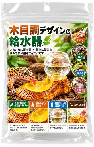 小型の爬虫類などにオススメの自動給水器です。 樹脂製で、安全でお手入れが簡単で、変形することなく長期間使用できます。 多機能の爬虫類自動給水器と給餌器により、給餌と給水がより便利で衛生的になります。 水だけではなく、エサ入れとしても使用できます! 給水部分がさほど深くないのでカメやトカゲ、ヘビなどの背の低い生物が使いやすい! 毎日使うものなので、大切なトカゲたちが使いやすいアイテムを選んであげたい飼い主さんにおすすめのアイテムです。 天然木の表面の形状を模したコーティング加工を採用し、鮮やかな色が爬虫類ボックスのより自然な雰囲気を演出します。 こだわりたい水槽内の雰囲気にぴったりなアイテム! 水分量に応じて自動的に水を排出する貯水装置により、短い旅行や出張の際にお留守番しているペットも安心! いつでも綺麗なお水を飲めます! 【サイズ】本体:13,5cmx9cm 給水ボトル:長さ7,5cmx直径7cm 給水部分:約5cmx6cm 素材:樹脂、プラスチック 注意: 最初にウォーターボトルに水を入れてから、逆さまに取り付けて平らな面に戻す必要があります。