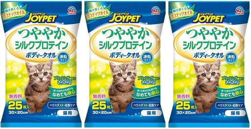 お徳用25枚入りx3個セット 拭くことでハウスダスト・花粉ケアに。ココナッツオイル・シルクプロテインで皮ふ・被毛がつややかに輝きうるおう。 拭くだけで、爽快、汚れスッキリ!猫ちゃんも気持ちいい。なめても安心、目や口周りも拭ける。 乾きが早くベタつかない速乾タイプ。無香料。 使いやすい厚手のやわらかメッシュ。