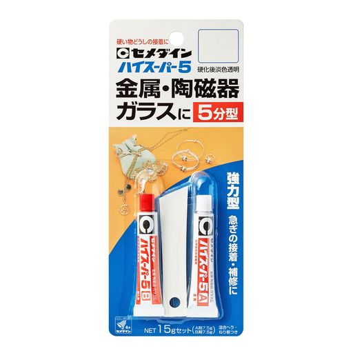 クラフト 保存期限:無、製造年月日表記:有 内容量:15gセット(A剤7.5g・B剤7.5g) 色:硬化後淡色透明 仕様:硬化5分型、材質:エポキシ樹脂 付属品:混合ヘラ・ねり板