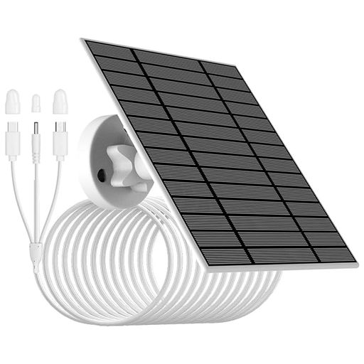 1. 【互換性】このソーラーパネルは、市販されている低電力バッテリーカメラと互換性があります。Ring Spotlight Cam Plus/Pro/Battery/Solar/Stick Up Cam Battery/Solar/Wyze Outdoor V1/V2バッテリーモデル、SOLiOM B06/P60、SV3C C17、DZEES、EUFYcamバッテリーカメラ、reolinkバッテリーカメラ、lor用、ex U471 AA-E/U424AA-E、Arlo Essential XL,Blinkなど。 このソーラーパネルは、Type-CまたはDC(3.5*1.35)またはmicorUSB充電ポートのすべての内蔵バッテリーカメラに広く対応しています。 2. 【商品紹介】このソーラーパネルは、動作電圧5V、出力電力6W、IP66防水、単結晶シリコン製、表面をPETフィルムで保護し、変換効率は22%以上です。 長さ3m/9.8インチの充電ケーブルが装備されています。このソーラーパネルにはMicro USB、Type-C、DC35135の3つのインターフェースがあり、動作温度は-20°C~60°Cです。