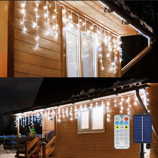 【LEDアイシクルライトの仕様】ツララライト全長:6.5m(ライト部)+5m(リード線)、LED配列: 3-7-4-6, 40列、電球数:200LED、コード間隔:16cm、発光色: クールホワイト、ソーラーパネルの内臓バッテリー容量:1200mAh。パッケージ内容:つららライト、ソーラーパネル、リモコン、ソーラーパネル固定支柱、日本語取扱説明書。リモコンの機能:電源オンオフ、タイマー機能をオンオフ、点灯パターンを選択、明るさ調節可能。 【USB充電可能のソーラー式ツラライルミネーション】従来のソーラー イルミネーション つららライトはソーラーだけで充電できるのため、梅雨や雪などの連続悪天候の場合、LEDイルミネーションを楽しめられないのはとっても残念でしょう。弊社のアップグレードしたソーラーパネルはソーラーだけで充電可能ではなく、付属のUSB充電ケーブルでもパネルに充電できます。連続悪天候の時、ストリングライトからソーラーパネルだけを外して、室内で充電したら、難なくLEDイルミネーションを存分に楽しめ、気分も良くなります。