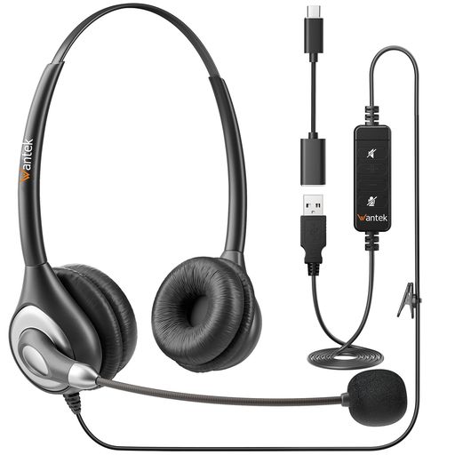 Wantek ヘッドセット 有線 マイク付き USB Type-C 両耳 ノイズキャンセリングマイク付き オンライン制御 PCスマホ用ヘッドホン Skype Zoom オンライン授業 Web会議 在宅勤務 業務用 リモートワーク
