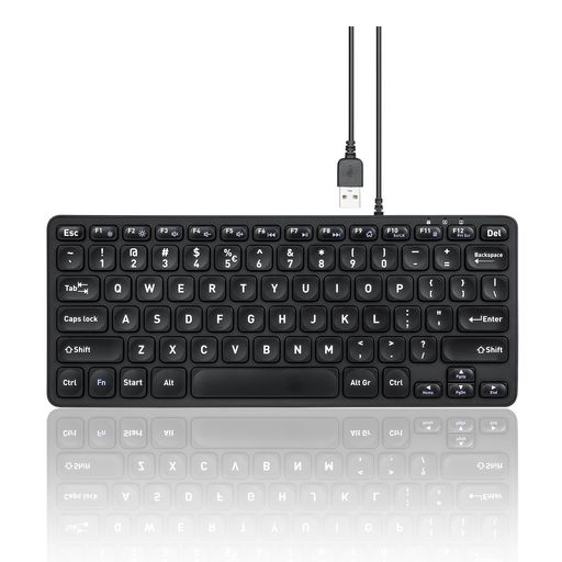 【ミニマリストデザイン】テンキーレスのコンパクトサイズキーボード。極薄デザインで狭いデスクでもご使用できます。デカ文字プリントの英語配列キーボードです。(サイズ 285 x 116 x 21 mm)、 (重さ: 361 g)、 (ケーブル1.8M) 【パンタグラフキー】軽いタッチの高品質シザースイッチキーを採用しました。タッチから入力までの距離が短いショートストロークキーです。ノートパソコンのようなタイピング感のキーボードです。スカルプキーで指で直感的にキーの位置がわかります。 【スタイリッシュな見た目】スリムでコンパクトなデザインにブラックな色で、どんな場所でもフィットする便利なキーボードです。アクチュエーションポイント:1.6プラスマイナス0.2mm、キーストローク: 1.8プラスマイナス0.2mm 【マルチメディアキー】 ホーム、明るさ調整、メディアコントロール機能などのショートカットキーを搭載。