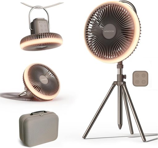 Electric Fan - 【2026改良モデル】HAGOOGIキャンプ扇風機アウトドア扇風機【専門家が推奨】DCモーターコードレス10000mAh大容量1台5役卓上・吊り下げ・スタンド式・壁掛け・挿入式リモコン付きLEDライト静…