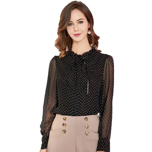 [CISULI]100%マルベリーシルクシフォンシャツドットプリントシャツ女性の夏のシャツ長袖(01XXL)