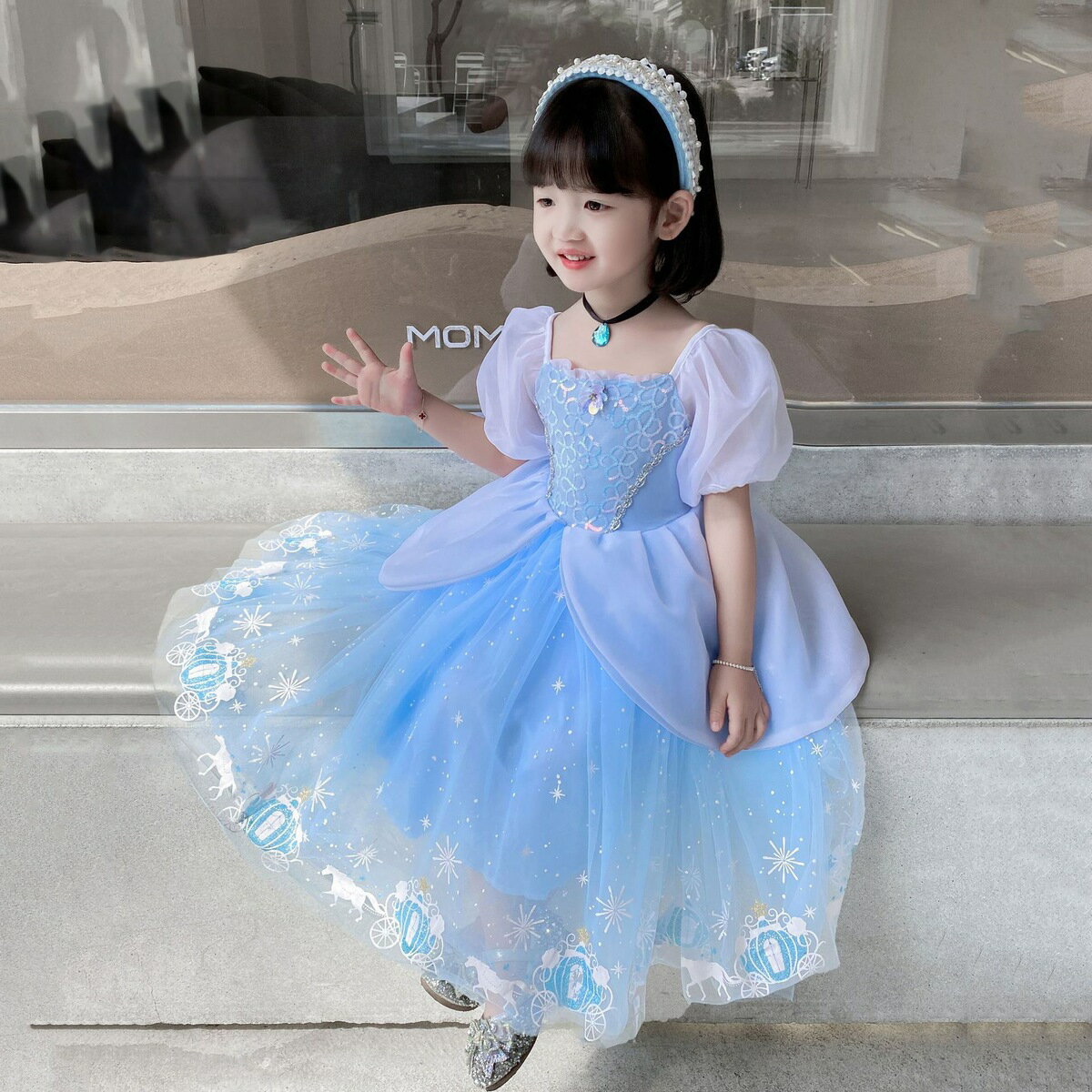 【新店オープン価格送料無料】CC2ドレス水色プリンセスキッズ子供コスチュームかわいい女の子プレゼントワンピースハロウィン仮装パーティー誕生日プレゼントキラキラ真珠