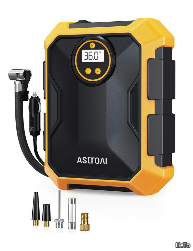 樂天商城 - 【送料無料】エアコンプレッサー 車の空気入れ 自動車用 DC 12V 100PSI LEDライト付き 自動電源オフ リアルタイム画面 米式/仏式対応 自転車/車/ロードバイク/ボール/浮き輪/バイク/クロスバイク対応 ノズルはすべて本体の背部に保管 イエロー