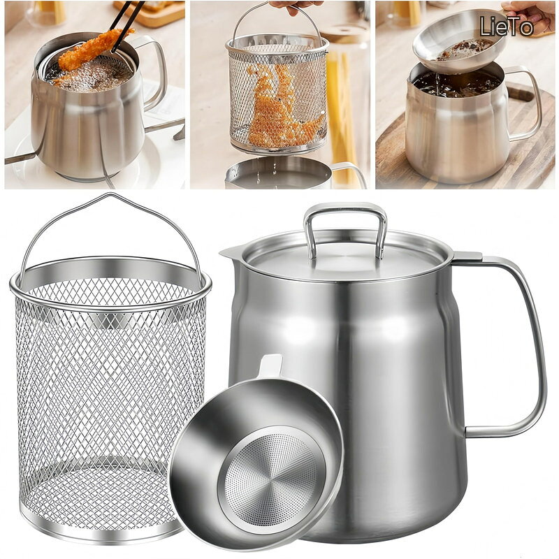 Rakuten - 【送料無料】大容量 304ステンレス 油ポット 揚げ鍋兼用 油こし器 油入れ 天ぷら油 残留物を濾過 IH・ガス火対応 食器洗い機対応 (フィルター+フライバスケット付き 2L)