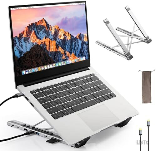 【送料無料】ノートPCスタンド ドッキングステーション一体型 USBハブ付き 9段階角度調整 人間工学設計 折りたたみ携帯型 在宅勤務オフィスリモートワーク用 4KHDMI出力 USB3.0 滑り止め安定 アルミ合金製 収納袋付属 デスク整理 lieto813-10057232 LieTo パッケージ画像
