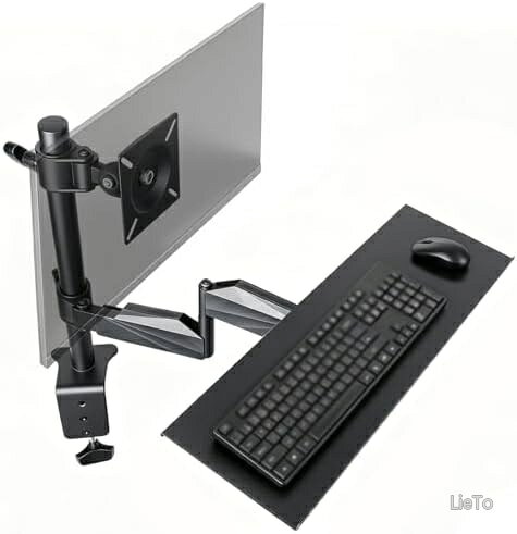 【送料無料】モニターアーム一体型 キーボードトレイ VESA75/100mm 卓上省スペース 角度調整可能 人間工学設計 アルミ合金製 60×19cm クランプ式 穴あけ不要 在宅ワーク ゲーミング 設置簡単 ブラック