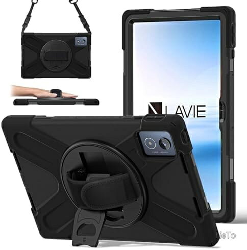 【送料無料】LAVIE Tab T11 11.45インチ PC-T1175JAS PC-TAB11203 ケース 耐衝撃 米軍MIL資格 360度回転スタンド 調節可能ハンドストラップ 肩掛けストラップ付き 重型 衝撃吸収 カメラ保護 ブラック