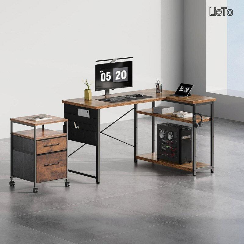 【送料無料】デスク 机 pcデスク パソコンデスク l字デスク 右棚左棚 幅120cm つくえ 棚板高さ調節可能 作業机 L字型 勉強机 リモートワーク ラック付き ピンテージ lieto813-10040320 LieTo サンプル画像2