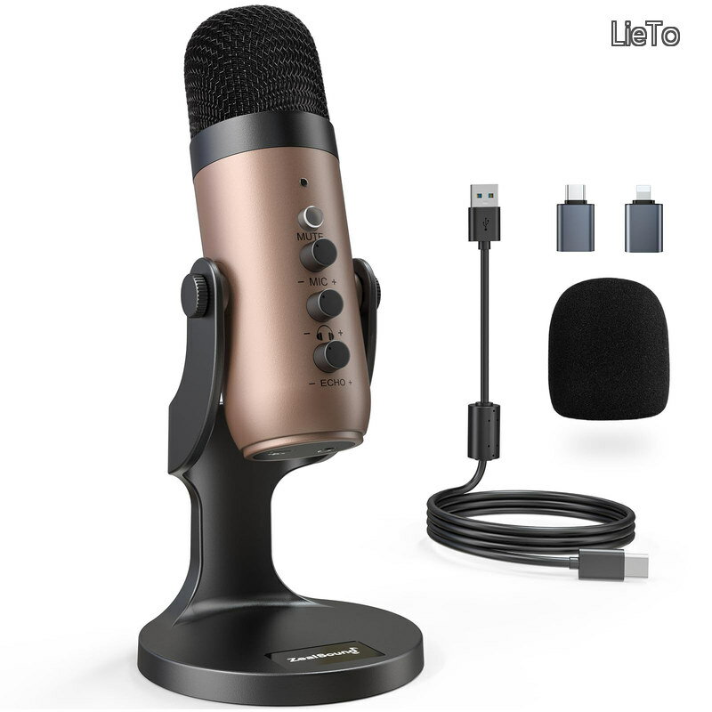【送料無料】ASMR 配信用マイク コンデンサーマイク For i*Phone USBマイク エコー機能付き 録音 ゲーム実況 ライブ配信 Skype Zoom PC Windows Macに対応 PS4&5に対応 YouTube 在宅勤務に適応（金）