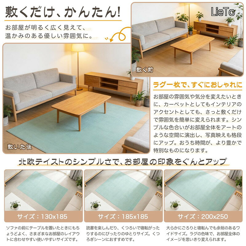 【送料無料】ラグ 滑り止め付 洗える Homiin 185x185cm 約2畳 絨毯 耐磨耗性 軽量 防音 防ダニ 北欧 おしゃれ ふわふわ オールシーズン適用 抗菌防臭 床暖房 ホットカーペット対応 簡単に掃除 ライトグリーン lieto813-10006220 LieTo サンプル画像3