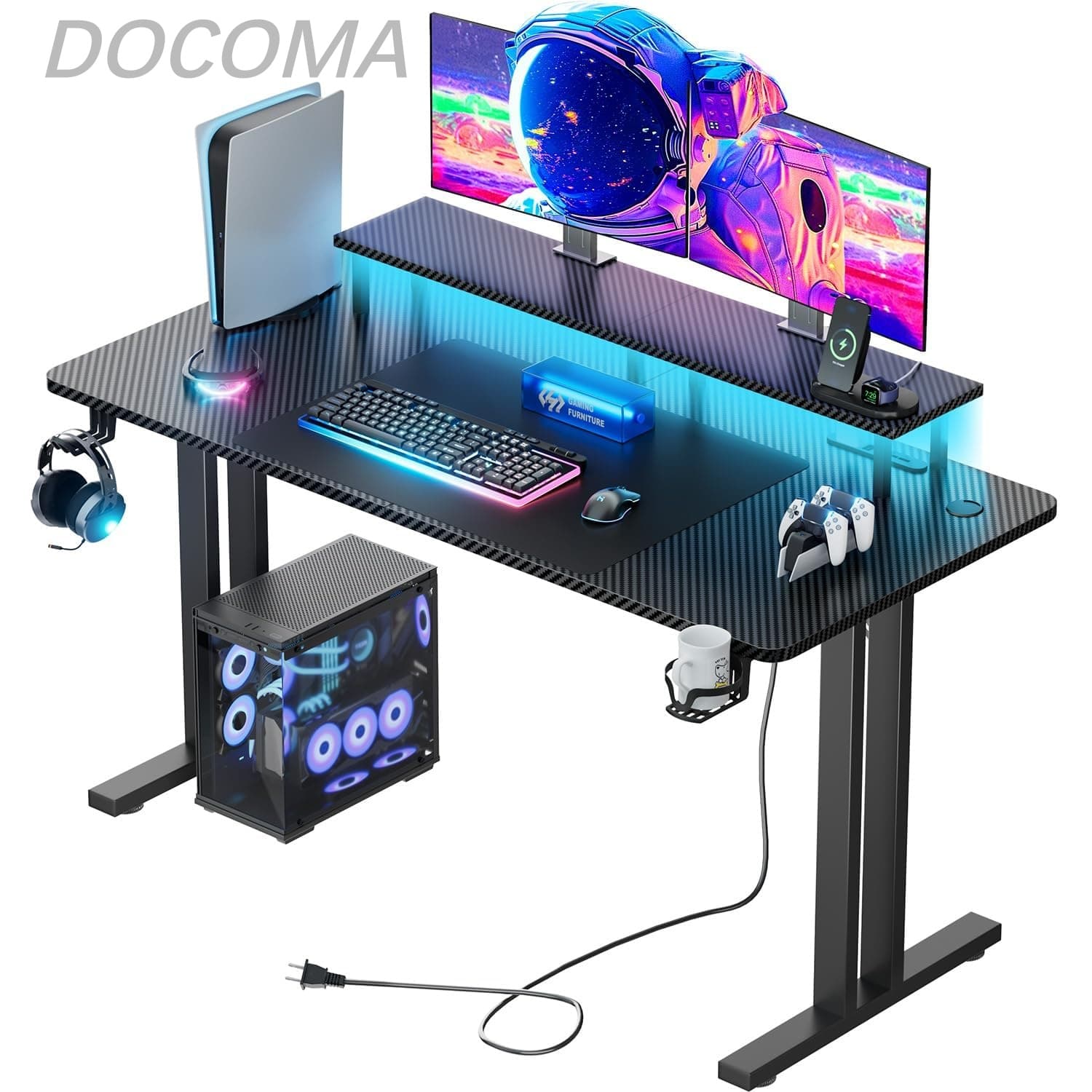 Other - 【送料無料】ゲーミングデスク パソコンデスク LEDテープライト コンセント モニタースタンド付属 PCデスク 幅120cm*奥行60cm*高さ74cm 耐荷重80kg 炭素繊維天板 作業机 ゲームテーブル ゲーミング机 カップホルダーとヘッドホンフック付き 組立簡単 ブラック