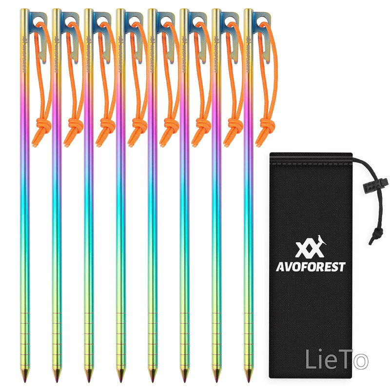 チタンペグ AVOFOREST 焼き色 ペグ 25CM チタン合金 レーザー一体化溶接 反射材入り 固定ロープ付き 超軽量 高強度 8本セット テント用 タープ用 アウトドア/キャンプ 用品 岩場 砂浜 砂利 硬い土 草地(25cmx8本 収納袋付き)